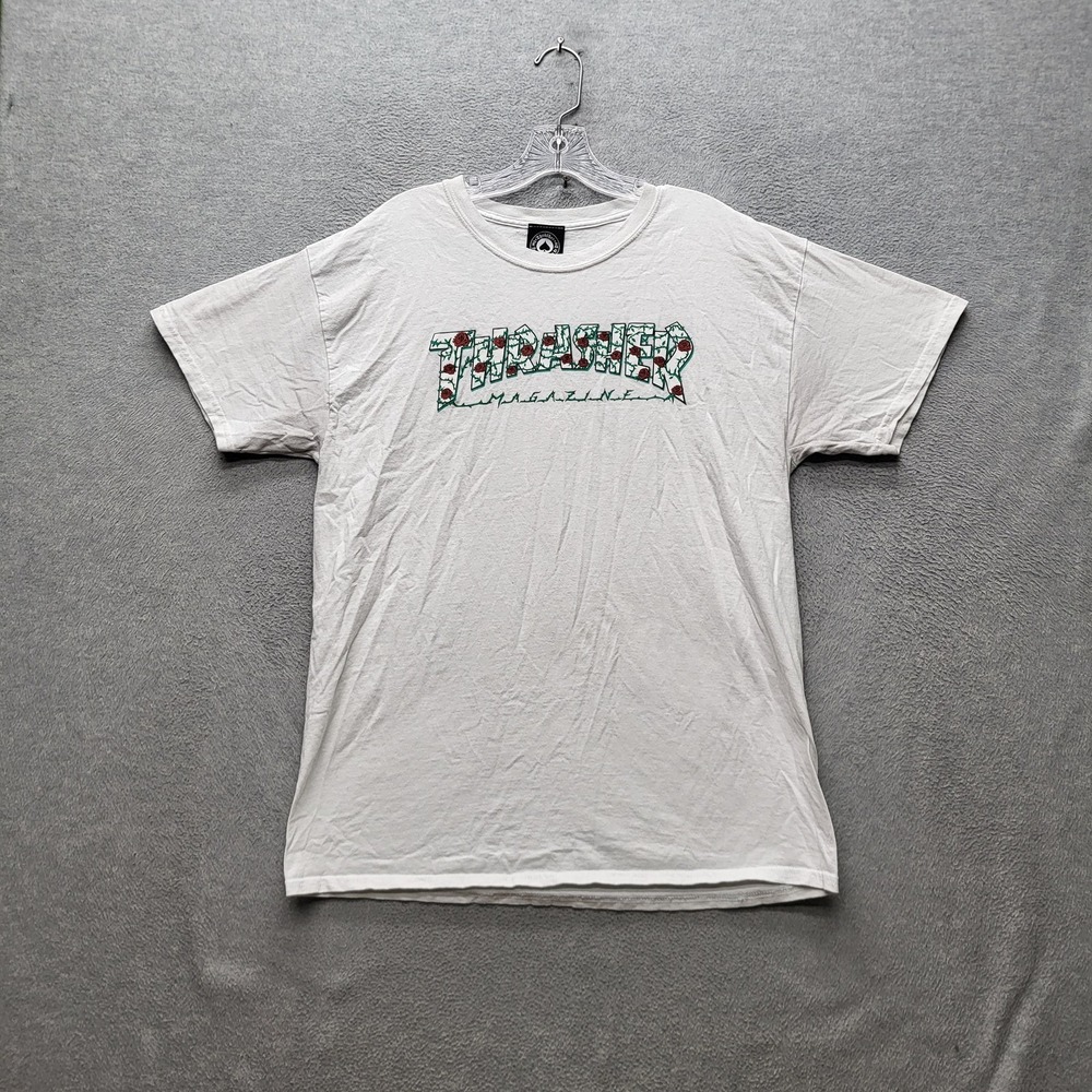 Thrasher Men Shirt L White Graphic Print Magazine Streetwear Short Sleeve Skater